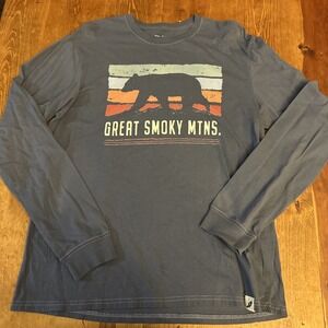 Unwind‎ by League Mens Great Smoky Mtns Bear Graphic Long Sleeve T-Shirt Blue L
